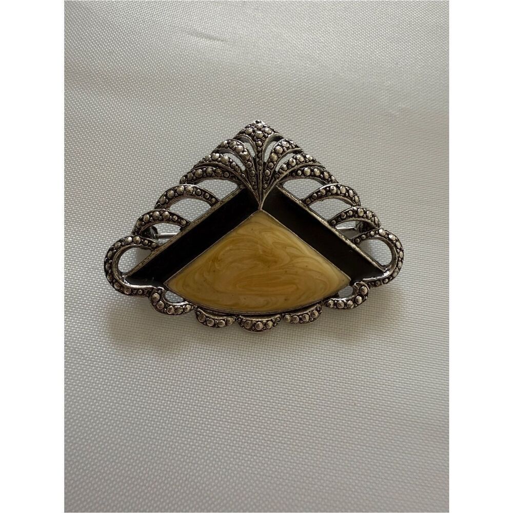 Avon Fan Pin Marcasite Chevron Modern Art Deco Brooch
